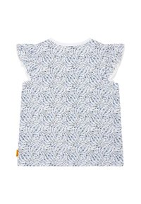 Top blanco con un patrón floral en azul y verde, con mangas cortas con volantes y un escote redondo. Tela suave, diseño ligero.