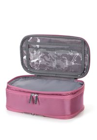 Růžová kosmetická taštička s hladkým povrchem, se dvěma ozdobnými zipy a průhlednou přihrádkou ve víku pro lepší organizaci. Rozměry přibližně 23 x 13 x 8 cm.