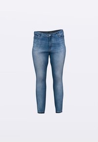 Jeans skinny-fit in denim blu medio. Presentano un design classico con cinque tasche, chiusura frontale con bottoni e una leggera sfumatura per conferire texture.