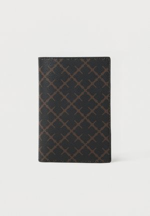 Black and brown leather wallet with a geometric lattice pattern, standing upright against a plain white background.