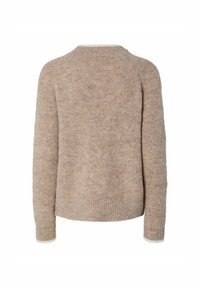 Bež pleten pulover z dolgimi rokavi, z rebrastimi manšetami, robom in ovratnikom, prikazan s hrbtne strani na beli podlagi.