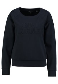 Námorně modrá mikina vyrobená z měkkého materiálu, která má kulatý výstřih, žebrované manžety a reliéfní logo "ARMANI EXCHANGE" na přední straně.