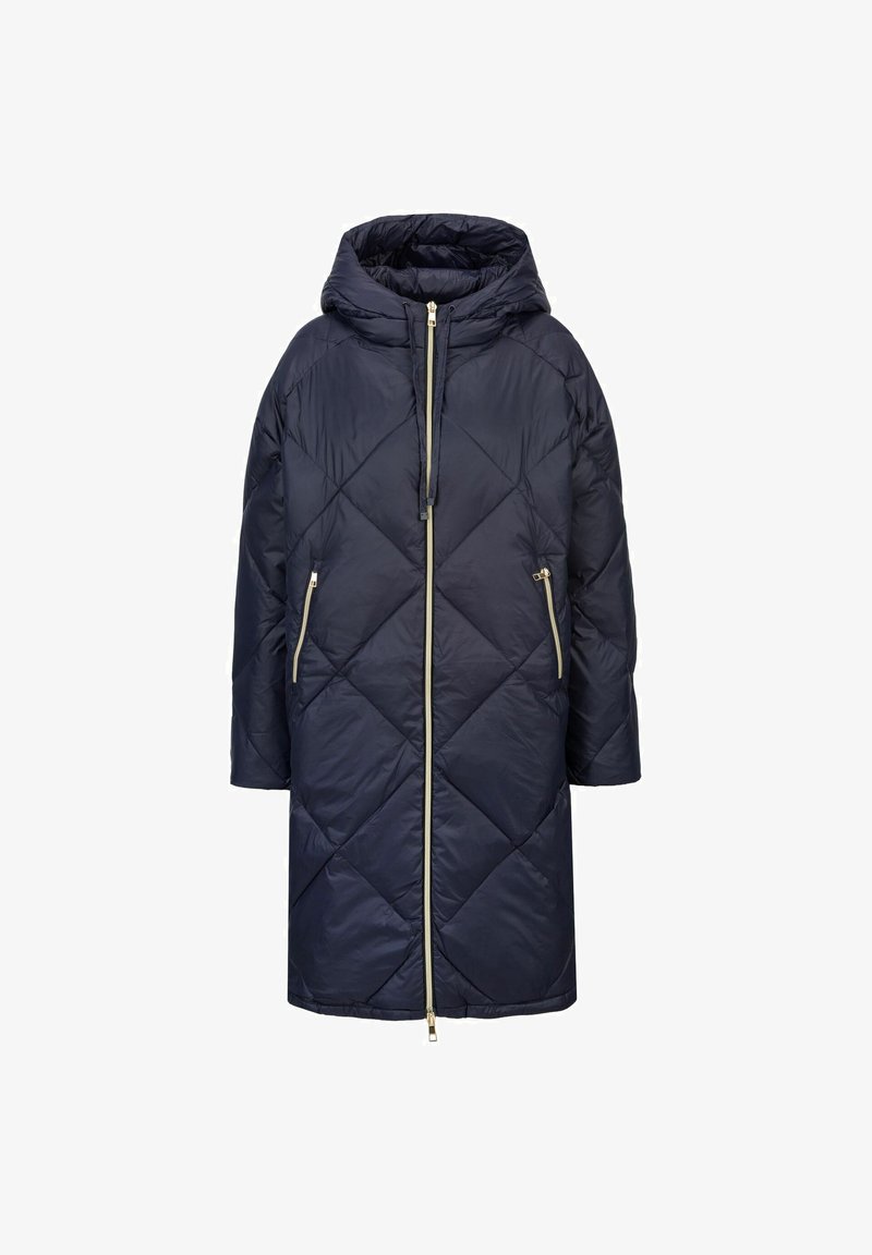 Marineblauwe gewatteerde jas met capuchon, voorzien van een ruitmotief, volledige rits en twee ritszakken aan de zijkant. Gladde textuur en warm materiaal.