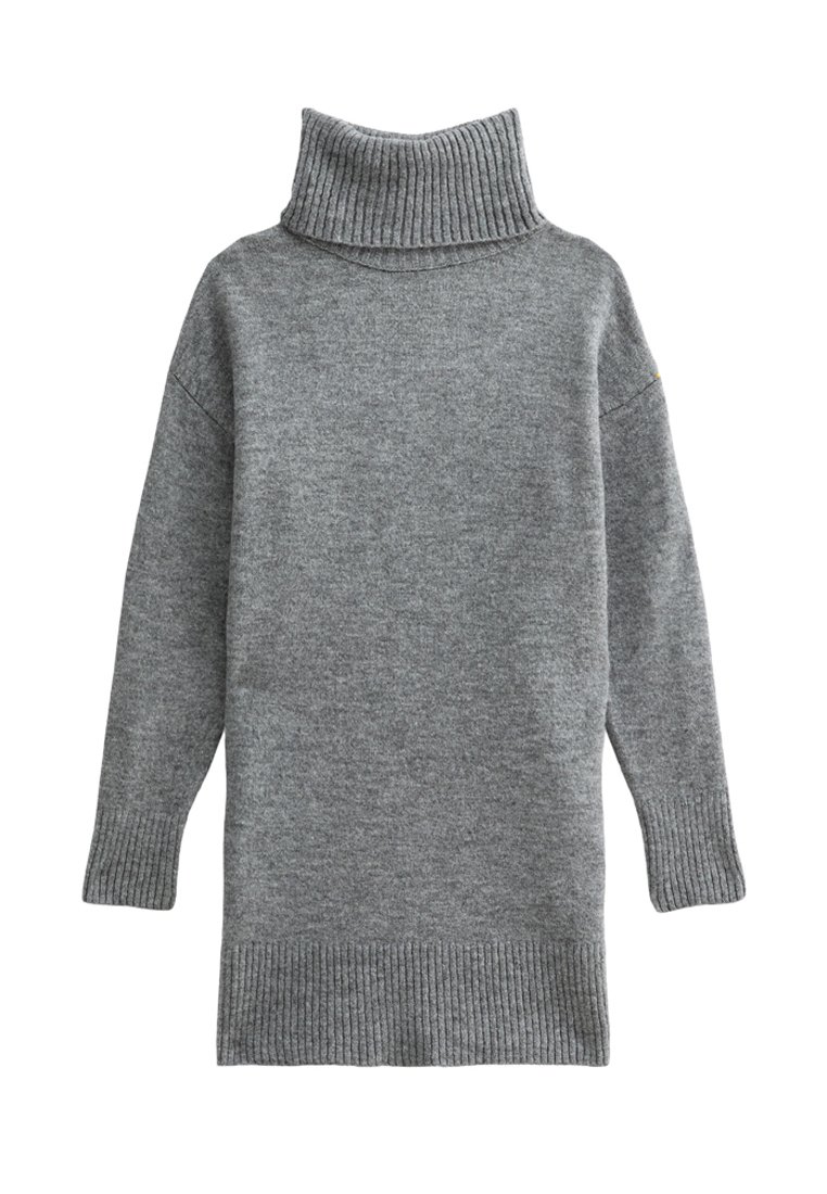 Grauer Rollkragenpullover aus weichem Strickmaterial, mit gerippten Bündchen und Saum, lockerer Passform und hohem Kragen.