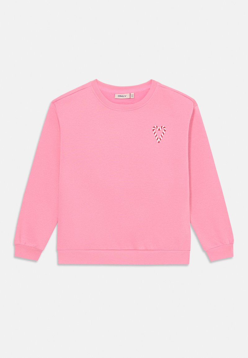 Sweatshirt rosa com mangas longas, punhos e bainha canelados, apresentando um pequeno detalhe de coração riscado no lado esquerdo do peito. Textura do tecido suave.