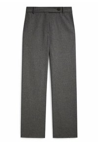 Grijze, rechte broek met een gemêleerd stof, riemlussen, knoopsluiting en een enkele voorkantzak, ontworpen voor een getailleerde pasvorm.