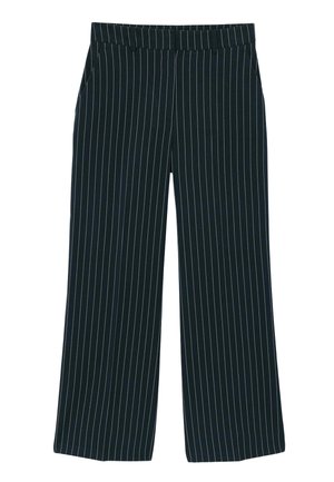Pantalon noir à jambes larges avec fines rayures verticales blanches et poches latérales, taille élastique et ourlet droit.
