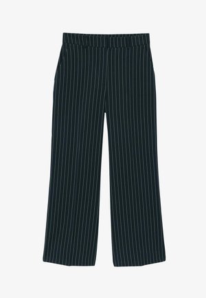 Pantalon noir à jambes larges avec fines rayures verticales blanches et poches latérales, taille élastique et ourlet droit.