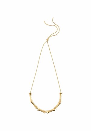 Collana d'oro con collegamenti cilindrici allungati e accenti testurizzati su una catena flessibile. Chiusura regolabile per personalizzare la lunghezza.