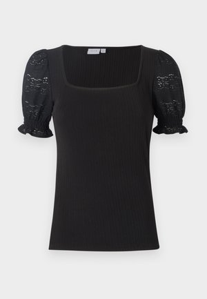 Fekete bordázott felső négyzet alakú kivágással és csipkéből készült rövid, puffos ujjal. Testhez simuló fazonú, az ujjak szélein ráncolással.