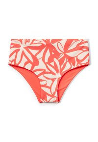 Parte inferior de bikini en coral y crema con un patrón floral. Diseño de tiro alto, interior forrado, textura suave y paneles laterales sólidos en coral.