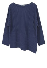 Haut côtelé bleu marine avec un col rond, des manches longues et un ourlet asymétrique. Tissu texturé avec des sections alternées lisses et côtelées.