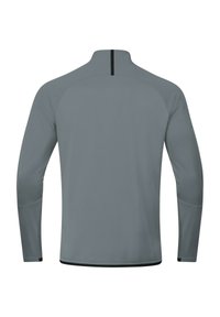 Camicia grigia a maniche lunghe con colletto alto, caratterizzata da un motivo testurizzato e accenti neri nei bordi e una cucitura centrale sul retro.