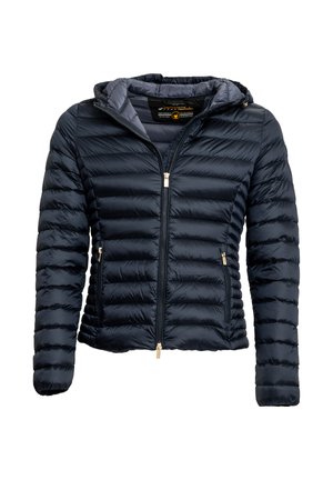Giacca a piumino blu navy con cappuccio, presenta un motivo trapuntato orizzontale, chiusura frontale con zip e due tasche laterali con dettagli dorati.