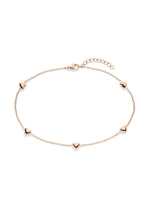 Bracelet délicat en chaîne couleur or rose avec cinq petits charms en forme de cœur répartis uniformément et une fermeture à boucle réglable.