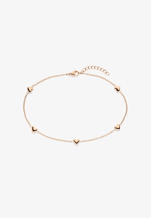 Delicate armband van roségoud met vijf gelijkmatig verspreide kleine hartvormige bedels en verstelbare sluiting.