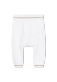 Witte katoenen babybroekjes met een zachte textuur, voorzien van een geribde tailleband en een gouden accentstreep bij de boorden. Geen patronen of prints.