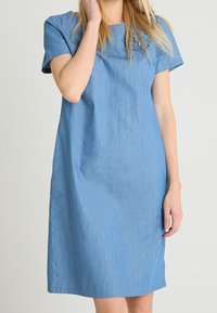 Vaaleansiniharmaa, lyhythihainen chambray-mekko rentoa leikkuuta ja yksinkertaista pyöreää pääntietä, jossa on hienovarainen brodeeraus yksellä puolella.