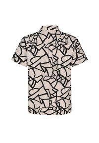 Kurzärmliges Hemd in hellbeige mit einem schwarzen abstrakten Muster. Verfügt über einen Kragen und eine rückseitige Schulternaht. Der Stoff wirkt glatt und leicht.