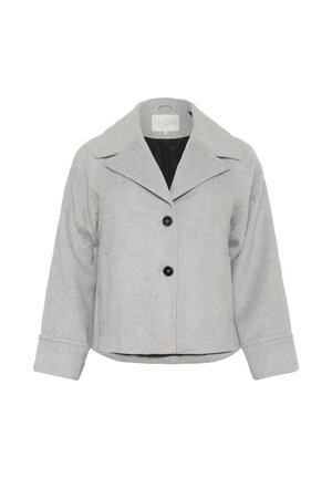 Grau gewobener Wollmischjacke mit boxy Schnitt, übergroßen Revers, schwarzen Knöpfen und Seitentaschen. Das Innere ist mit Schwarz gefüttert.