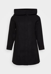 Schwarzer, knielanger Mantel mit langen Ärmeln und weitem Trichterkragen, mit verdecktem Frontverschluss.