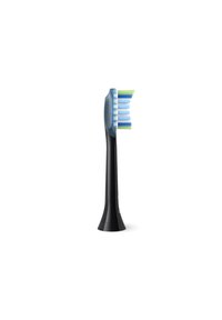 Tête de brosse à dents électrique avec un manche noir. Cinq rangées de poils en dégradé de bleu et vert. Design lisse et ergonomique avec un sommet arrondi.