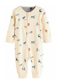Combinaison en beige pour bébé avec des motifs d'animaux et d'arbres en bleu, vert et orange. Tissu doux, manches longues, fermeture à pression à l'avant et jambes à poignets.