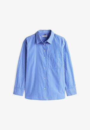 Zila un balta svītruota gareniskā piedurkne krekls, ar pogām frontē, mīksts audums, viena krūšu kabata, ar sarkanu akcentu pie piedurknēm.