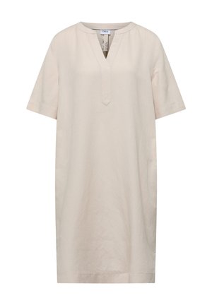 Beige knælange hørkjole med korte ærmer, V-halsudskæring og enkel lige silhuet.