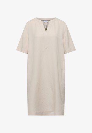 Beige knælange hørkjole med korte ærmer, V-halsudskæring og enkel lige silhuet.