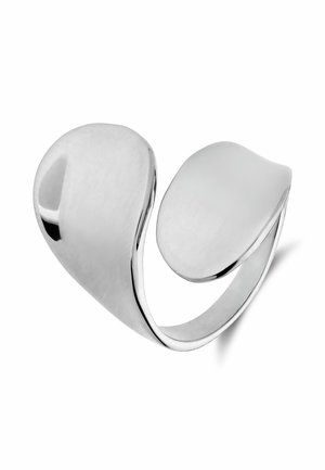Smooth, polished silver open ring with two asymmetrical, rounded flat ends facing each other on a white background.
