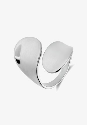 Smooth, polished silver open ring with two asymmetrical, rounded flat ends facing each other on a white background.