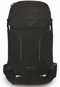 Mochila de senderismo negra con un diseño elegante, que cuenta con un tejido duradero, un compartimento grande, correas ajustables y acentos reflectantes.