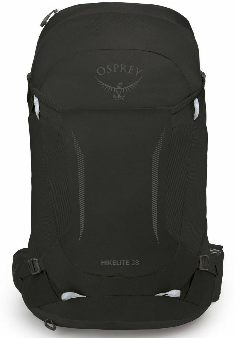 Mochila de senderismo negra con un diseño elegante, que cuenta con un tejido duradero, un compartimento grande, correas ajustables y acentos reflectantes.