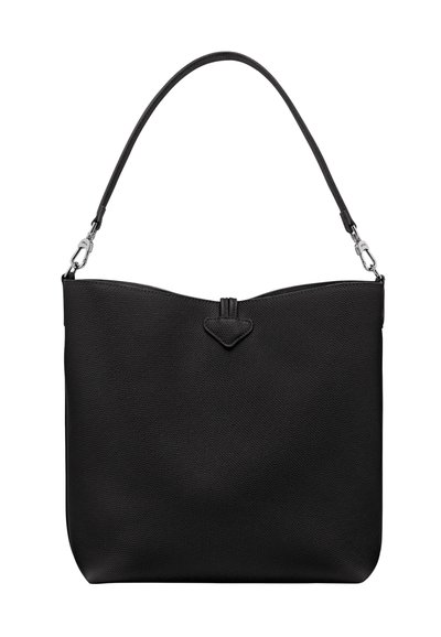Schwarze Lederhandtasche mit strukturiertem Design, glatter Oberfläche, einem einzelnen Schulterriemen und einem dezenten herzförmigen Akzent auf der Vorderseite.