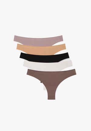 Cinque coppie di mutandine da donna in colori: malva, nude, bianco, nero e marrone. Design senza cuciture e tessuto morbido con fasce in vita elastiche.