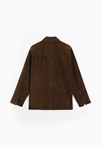 Brown suede jacket with a collar, displayed from the back, featuring long sleeves and a minimalist design on a white background.