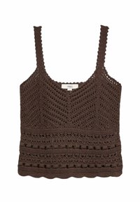 Top corto marrón de ganchillo sin mangas con bordes en forma de ondas y patrones geométricos, con escote redondo y tirantes delgados.