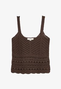 Top corto marrón de ganchillo sin mangas con bordes en forma de ondas y patrones geométricos, con escote redondo y tirantes delgados.