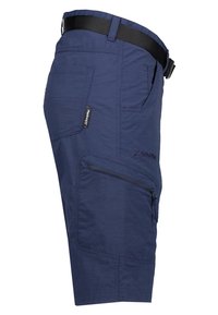 Pantalones cortos de color azul marino hechos de un tejido ligero, con múltiples bolsillos y un bolsillo lateral con cremallera, además de un cinturón ajustable negro.
