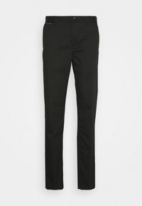 Pantalon noir en tissu lisse, avec une taille plate, des passants de ceinture, une fermeture à bouton et des jambes droites. Aucune motif ou accent visible.