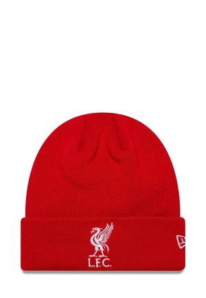 Cappello in maglia rossa con risvolto. Presenta un motivo ricamato bianco con il crest di Liverpool FC sul fronte. Tessuto morbido e vestibilità aderente.