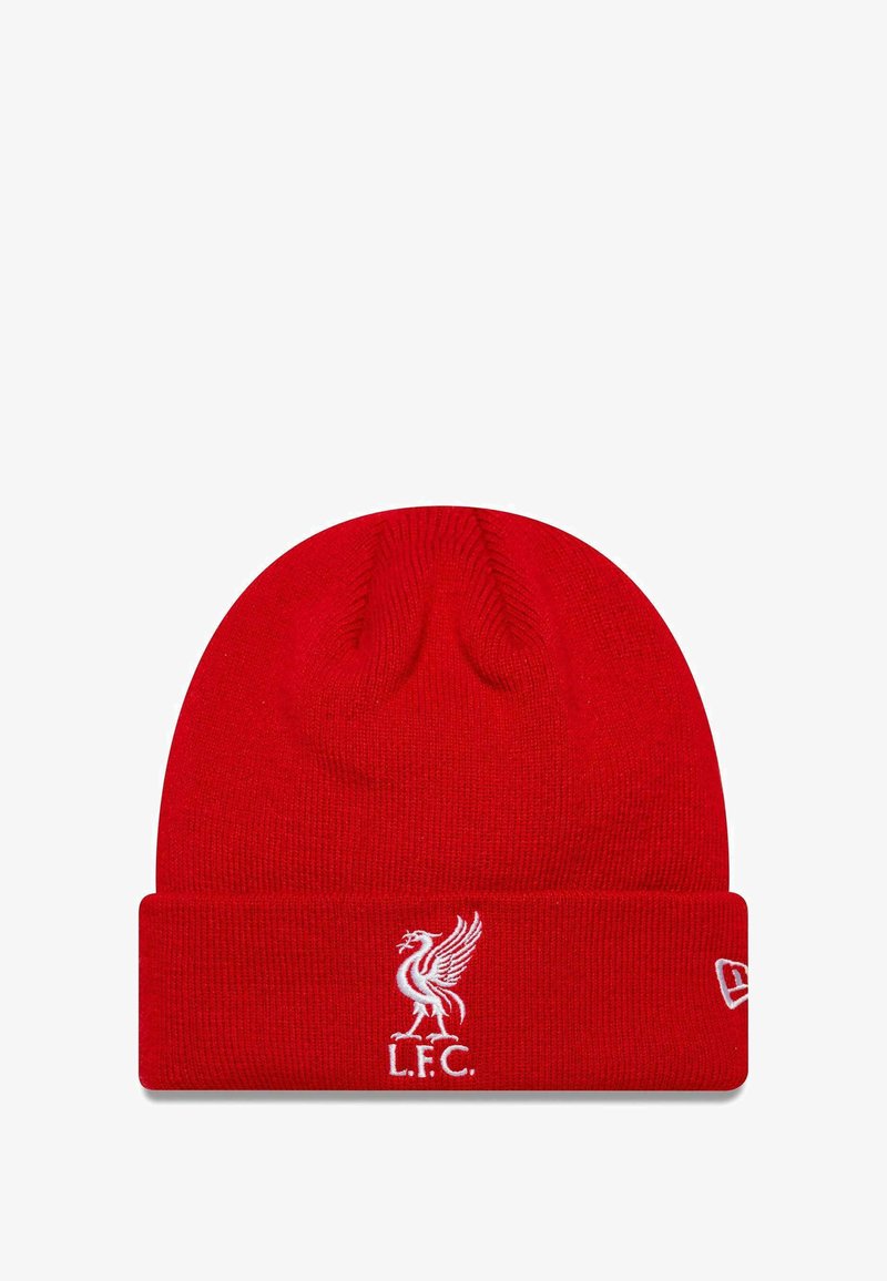 Bonnet en tricot rouge avec un revers. Présente un écusson brodé blanc du Liverpool FC à l'avant. Texture douce et coupe ajustée.