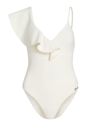 Maillot de bain une pièce blanc avec détail volanté asymétrique, une large bretelle et une fine bretelle spaghetti.