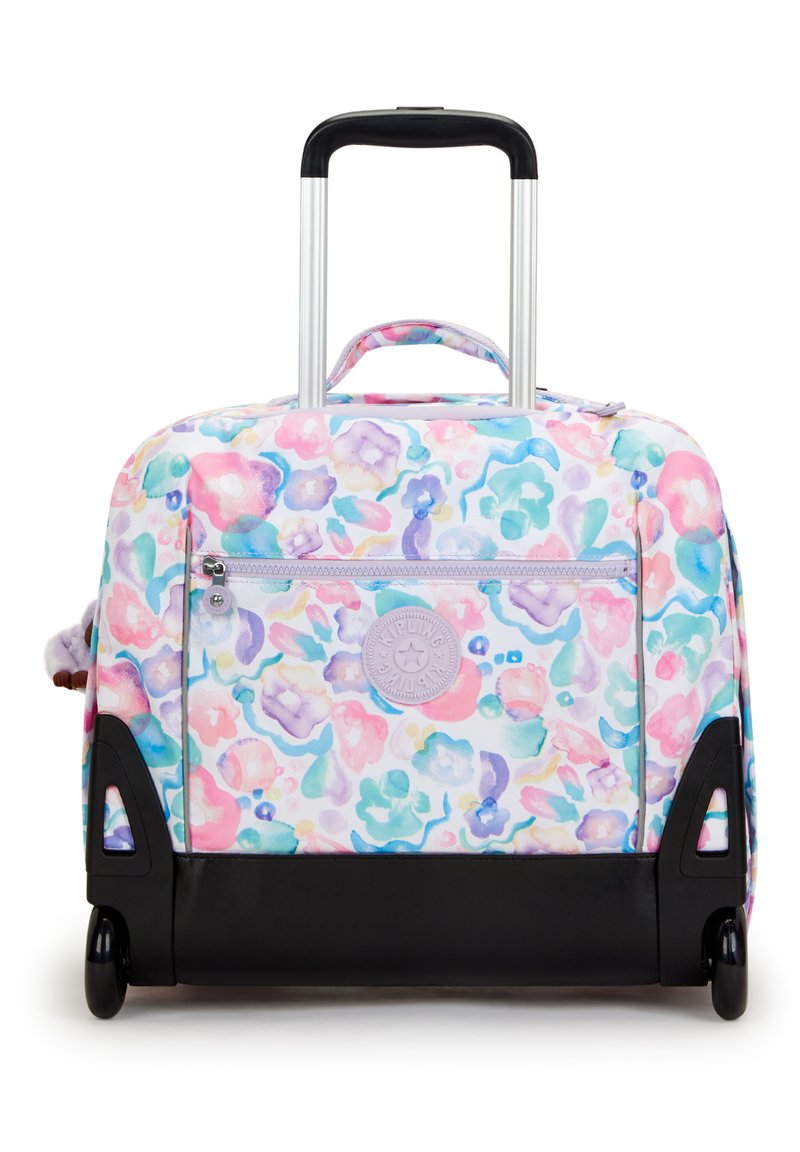Hjulväska med rosa, blå och lila blommönster, svart botten, metall teleskophandtag och framficka med dragkedja.