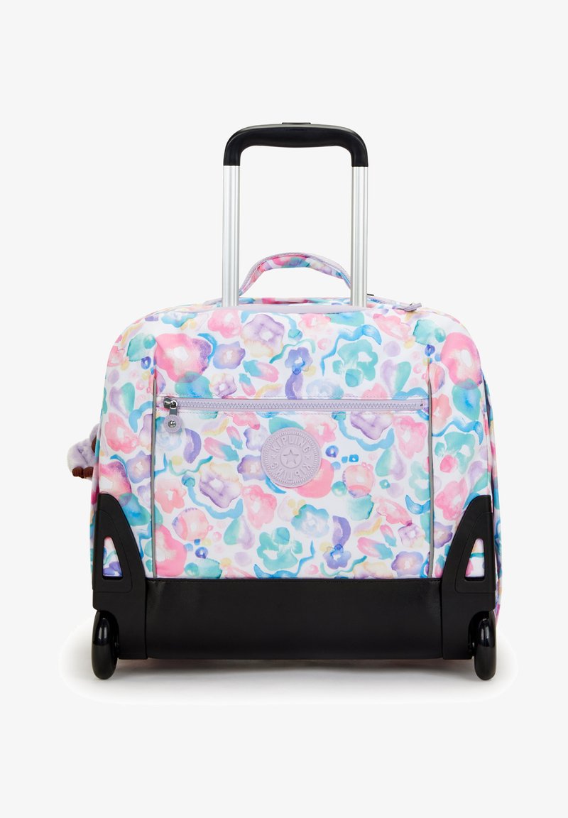 Hjulväska med rosa, blå och lila blommönster, svart botten, metall teleskophandtag och framficka med dragkedja.