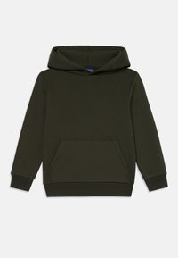Mørkegrønn hettegenser laget av myk stoff, med en frontlomme i kangaroo-stil, ribbestrikkede mansjetter og nederkant for en tett passform.