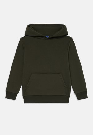 Mørkegrønn hettegenser laget av myk stoff, med en frontlomme i kangaroo-stil, ribbestrikkede mansjetter og nederkant for en tett passform.