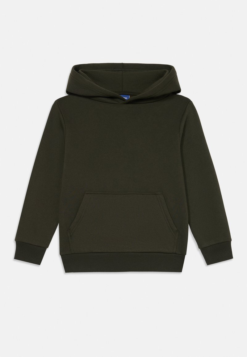 Mørkegrønn hettegenser laget av myk stoff, med en frontlomme i kangaroo-stil, ribbestrikkede mansjetter og nederkant for en tett passform.