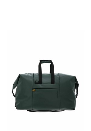 Bolsa de lona grande de color verde oscuro con asas negras, un bolsillo delantero con cremallera y una pequeña pestaña amarilla en la cremallera.